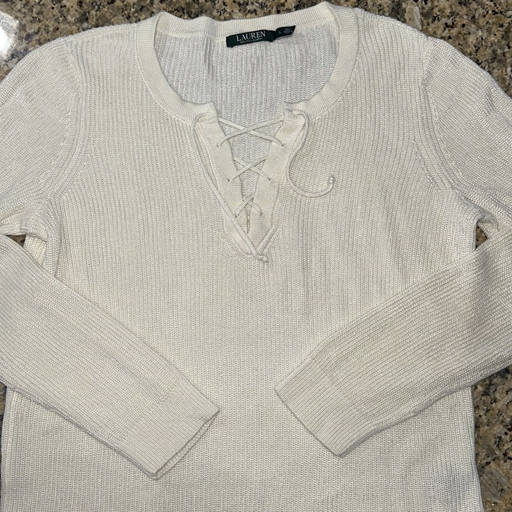 Lauren Ralph Lauren ivory lace up v-neck luxe sweater - Picture 2 of 5